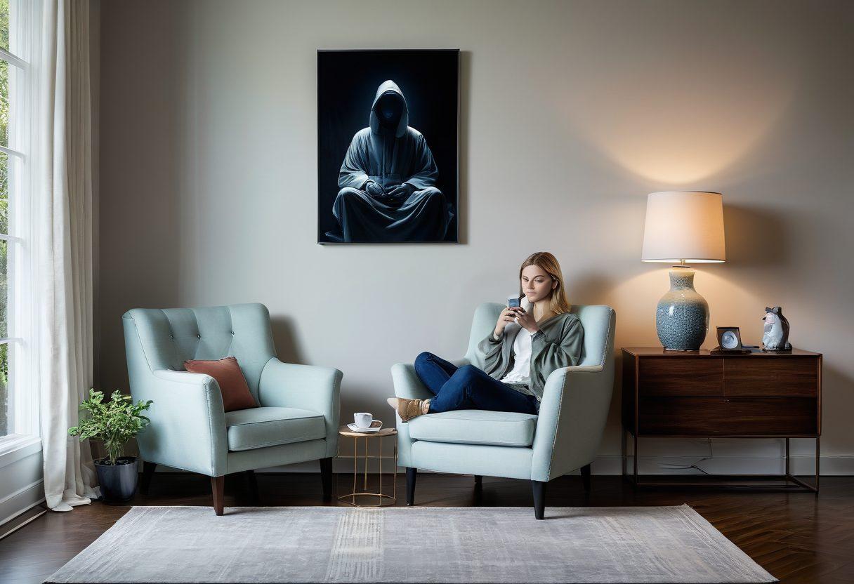 A serene living room scene with a person calmly sipping tea while ignoring a ringing smartphone, surrounded by visual representations of spam calls as ghostly figures in the background. Include a clock showing peaceful time, a 'Do Not Disturb' sign on the door, and a stack of books titled 'Privacy Tips'. super-realistic. soft colors. cozy atmosphere.