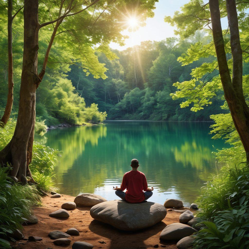 A serene landscape featuring a tranquil lake surrounded by lush greenery, with a person meditating on a rock, symbolizing peace. Include visual elements representing calls like a phone, a broken chain, and legal symbols, subtly blended into the nature scene. Bright sunlight streams through the trees, creating a calming atmosphere. super-realistic. vibrant colors.