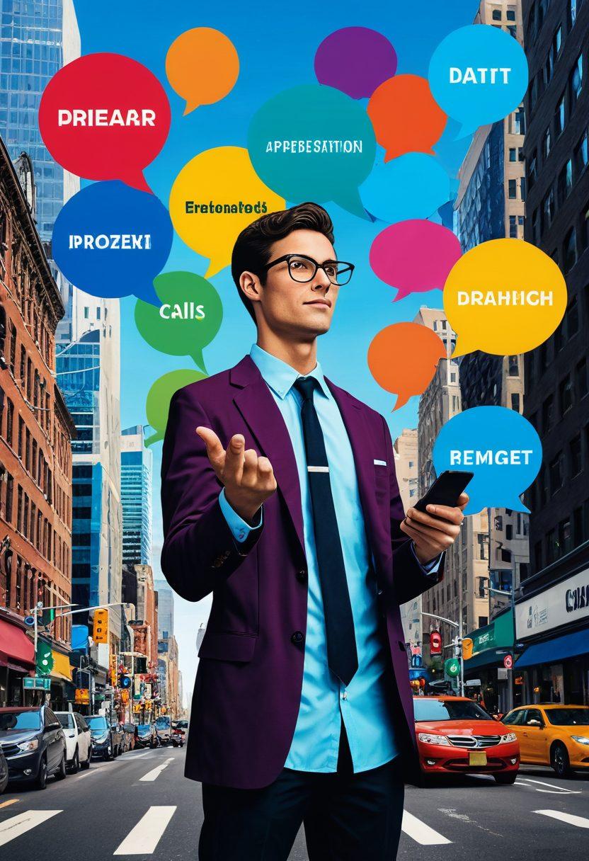 A confident consumer standing at a crossroads, holding a smartphone with telemarketing calls represented as colorful speech bubbles surrounding them. The background showcases a cityscape symbolizing modern life and the maze-like journey of consumer advocacy. Include visual elements like scales of justice and a megaphone to emphasize rights and representation. vibrant colors. digital illustration. dynamic composition.